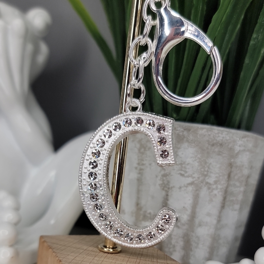 Letter C Initial C Alphabet C Rhinestone Silver Key Chain Bag Charm - Picture 8 of 8